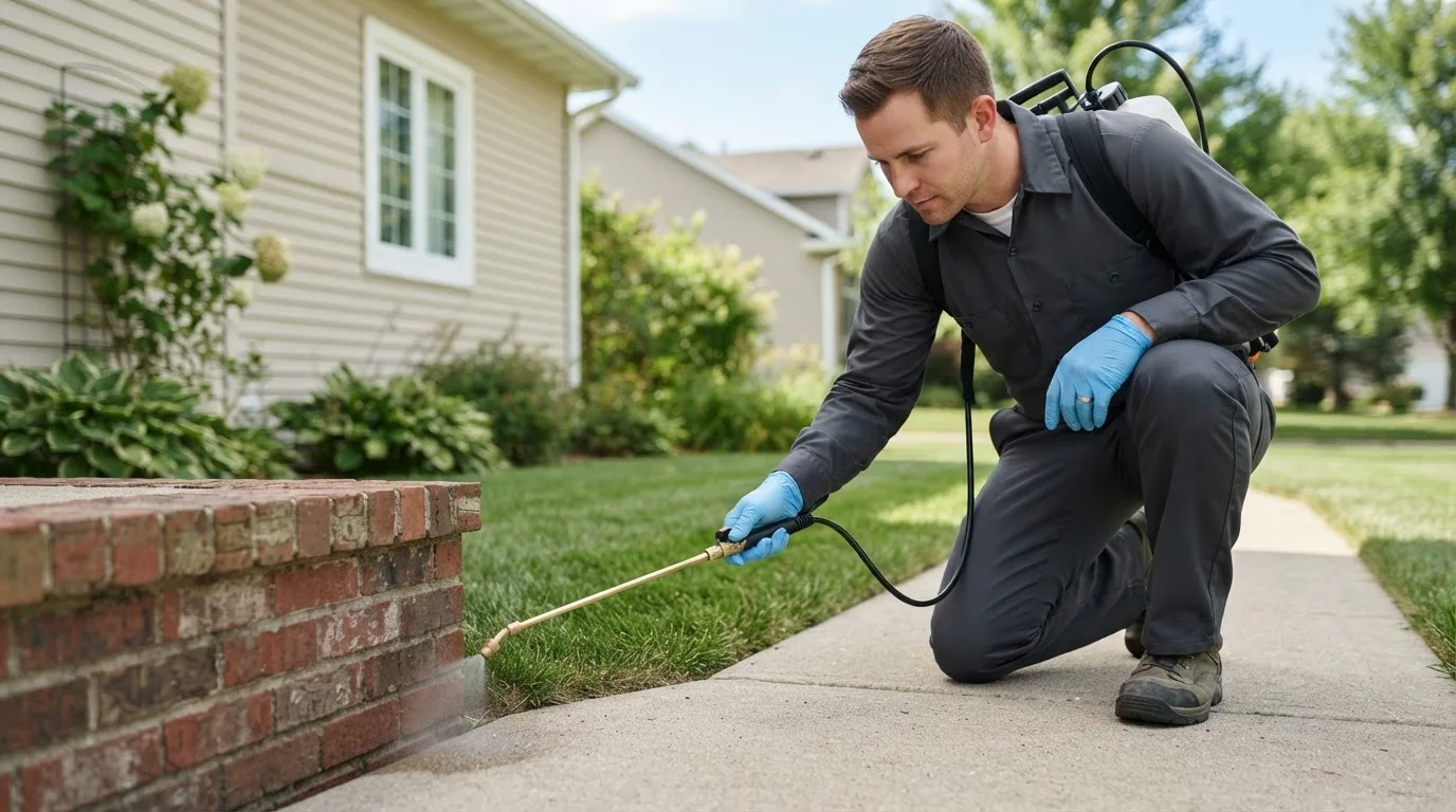 Pest control technician treating a home near Rootstown, OH