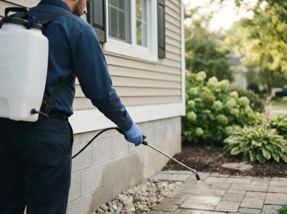 Pest control technician inspecting a home in Rootstown, OH